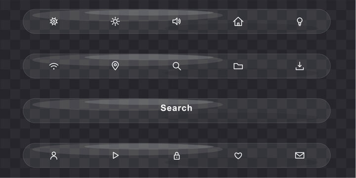 Transparent glassmorphism ui search bar and navigation menu icons vector template set