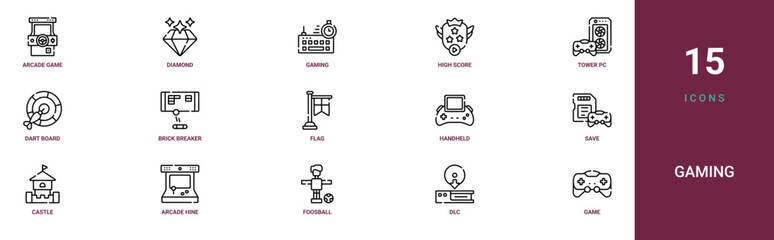 Set of 15 outline web Gaming icons such as game controller, dlc, foosball, arcade hine, castle, save, handheld console vector icons for report, presentation, diagram, web design, mobile app © Maximilian