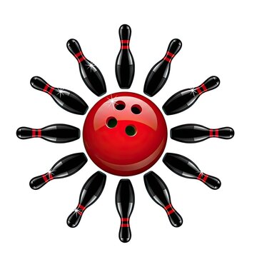 Red bowling ball surrounded by black pins in circle.