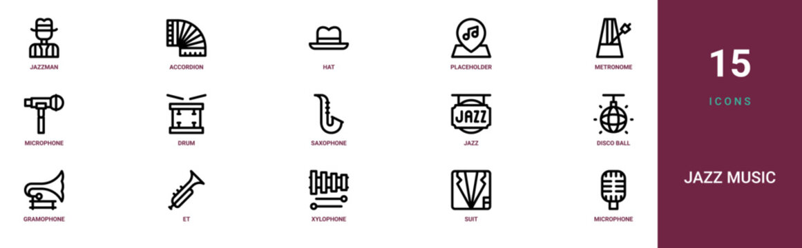 Set of 15 outline web Jazz Music icons such as microphone, suit, xylophone, et, gramophone, disco ball, Jazz vector icons for report, presentation, diagram, web design, mobile app