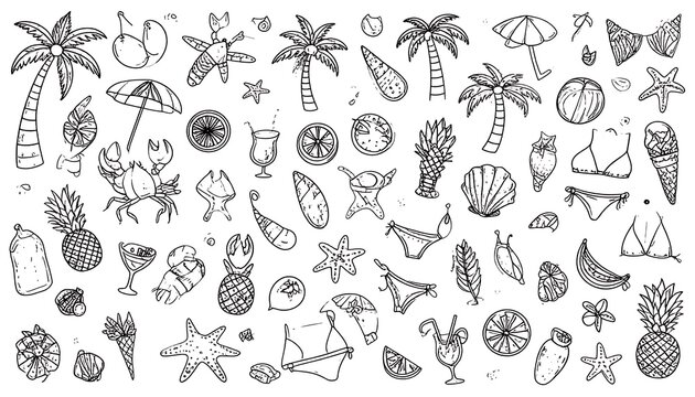 Collection of hand-drawn summer icons, tropical elements like palm trees, pineapples, sun, shells, starfish, perfect for vacation themes