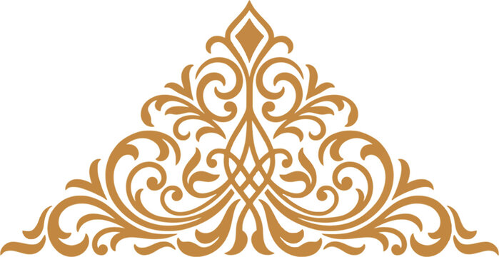 Elegant golden vintage floral ornament triangular design element with intricate swirls and classic decorative patterns isolated on white background
