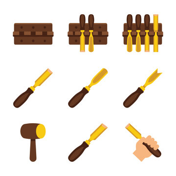 Collection of carpentry tools and chisels in various stages of organization and use, including mallets and a hand holding a chisel, flat design illustration