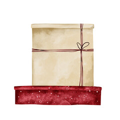 Watercolor illustration of old vintage-style gift box wrapped in red cord. Hand drawn red holiday gift. For festive designs Christmas or New Year. Drawing on isolated background