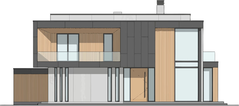 Architectural elevation drawing of a modern two story residential house featuring wood siding and large glass windows