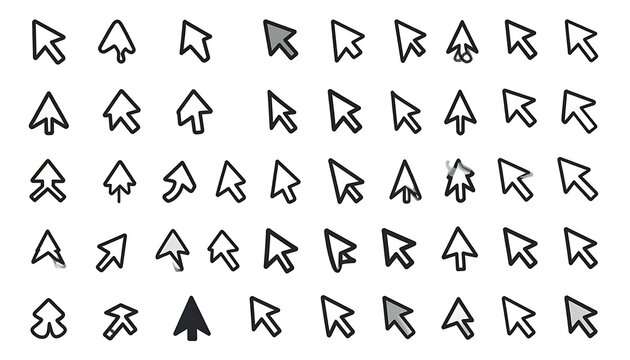 collection of pixelated computer mouse cursor icons, pointing arrows, and selection cursors in various styles and shades