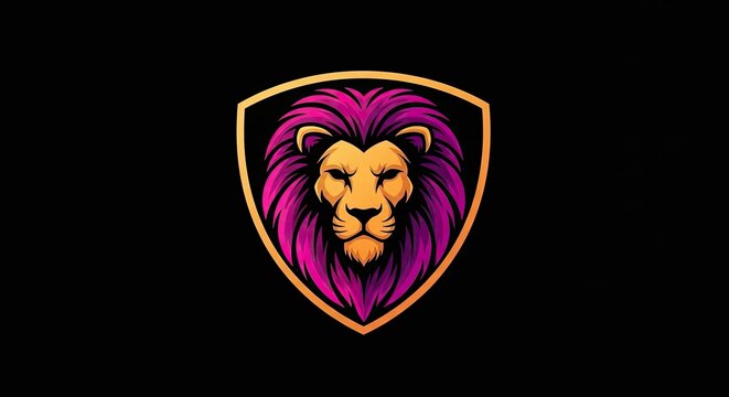 Regal lion head in purple and gold shield.