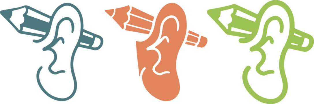 Creative note taking vector icon set featuring hand drawn ear with pencil behind in outline orange filled and green transparent background styles
