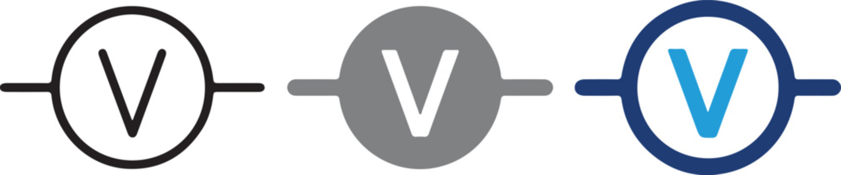 Electrical voltmeter circuit symbol vector icon set featuring hand drawn letter V in line art solid grey filled blue transparent styles