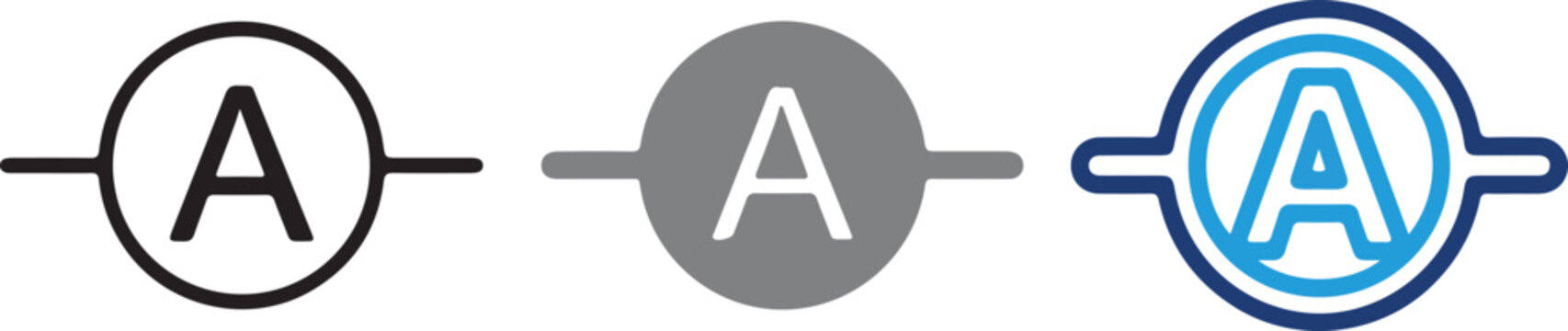 Electrical ammeter circuit symbol vector icon set featuring hand drawn letter A in line art solid grey filled blue transparent styles