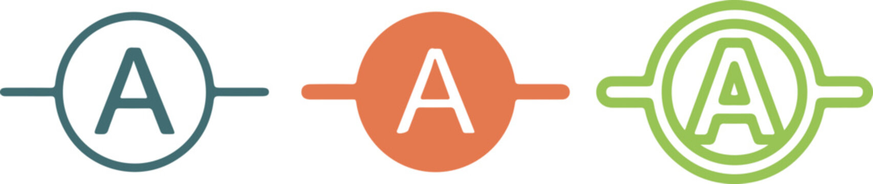 Electrical ammeter circuit symbol vector icon set featuring hand drawn letter A in outline orange filled green transparent background styles