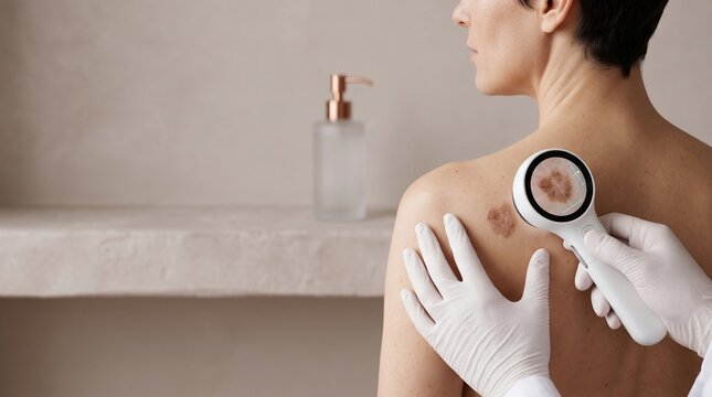 Dermatologist examining pigmented skin lesion on patient back using professional magnifying dermatoscope medical tool