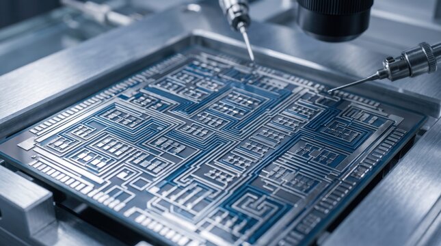 Close up of automated robotic arms assembling microchip circuit board in high tech semiconductor manufacturing facility