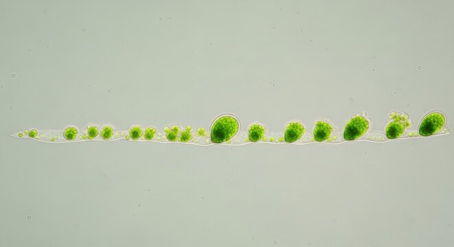 Microscopic Organisms in a Linear Formation Exhibiting Cell Division and Growth Patterns Scientific Research and Biological Studies Concept