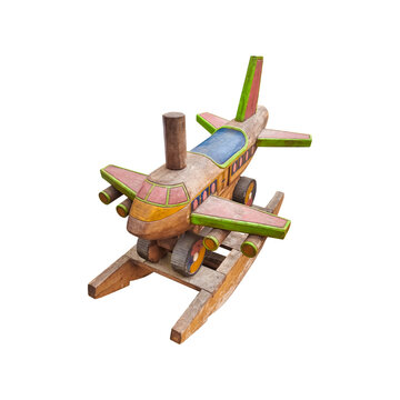 A children's rocking horse shaped like an airplane isolated on white