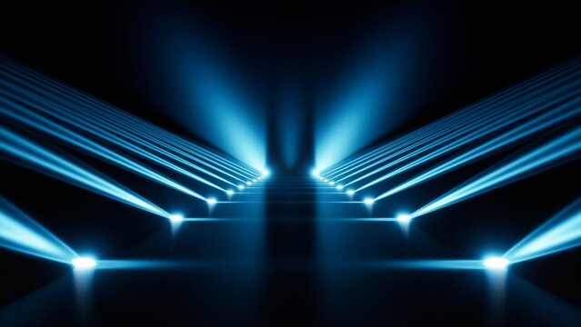 Symmetrical blue stage lights forming converging beams over reflective pathway with dramatic dark backdrop and strong geometric depth