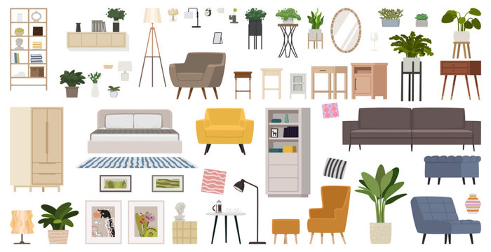 Modern interior furniture scene creator with home decor, plants and scandinavian living room elements flat vector set