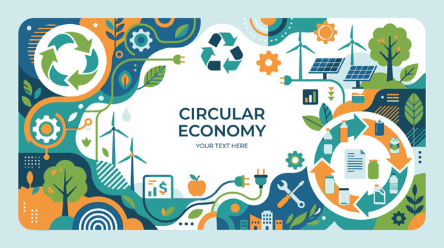 Circular economy banner with renewable energy and recycling icons