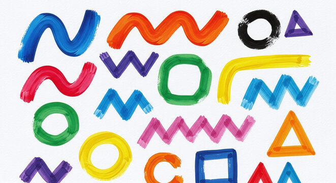 Multicolor hand painted geometric shapes and lines on white background.