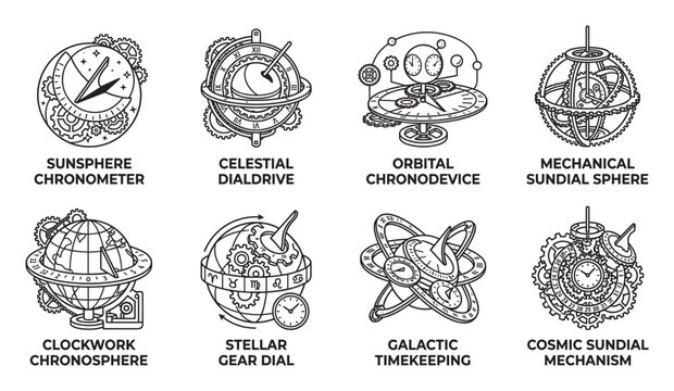Celestial clockwork chronosphere sundial sphere timekeeping and mechanism icons.