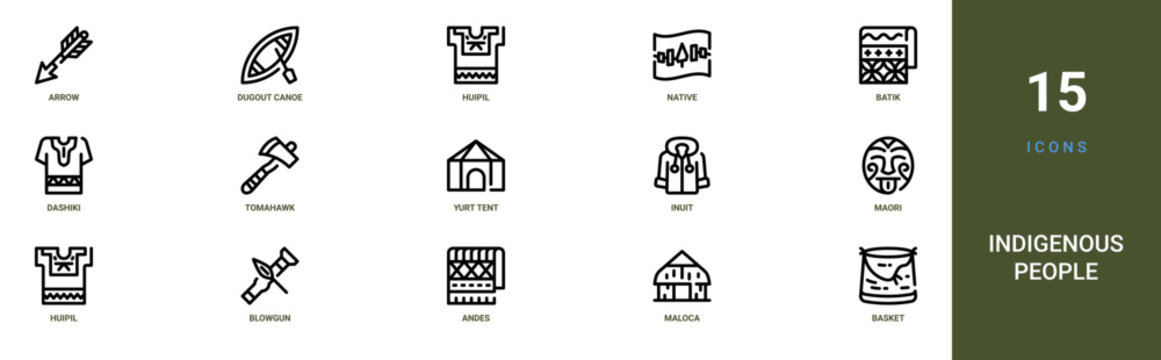 Set of 15 outline web Indigenous People icons such as basket, maloca, andes, blowgun, huipil, maori, inuit vector icons for report, presentation, diagram, web design, mobile app