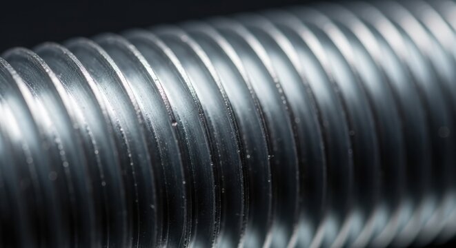 Macro view of metallic threaded rod highlighting precision engineering and industrial material textures for construction machinery and manufacturing applications in technical and engineering contexts.