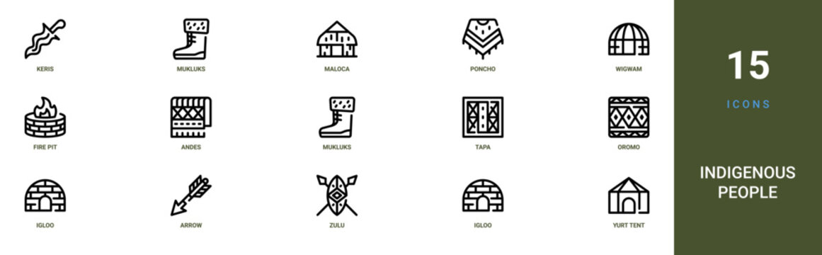 Set of 15 outline web Indigenous People icons such as yurt tent, igloo, zulu, arrow, igloo, oromo, tapa vector icons for report, presentation, diagram, web design, mobile app