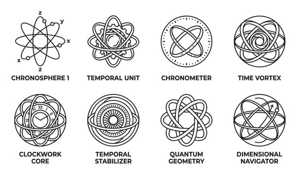 Chronosphere temporal unit chronometer time vortex geometry and navigator icons.