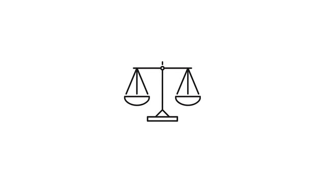 Minimalist scales of justice icon on white background, black line art law symbol, legal balance and equality concept for business and court