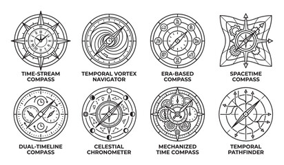 Fototapeta premium Collection of eight distinct science fiction compasses illustrating time travel concepts.