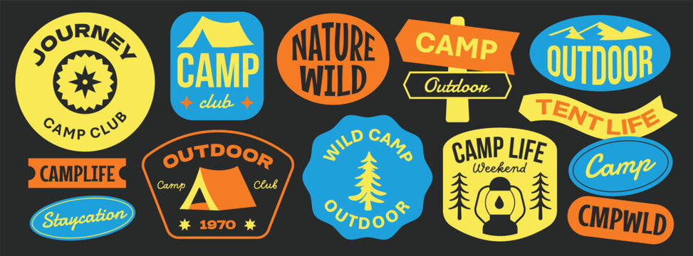 Camp life and outdoor activities badges collection. Nature stickers design. VIntage camping emblems.