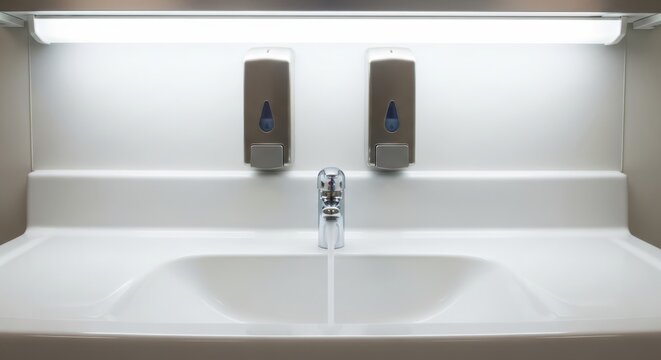 Hygiene station with dual liquid dispensers and polished faucet over a spacious basin illuminated by overhead fluorescent lights emphasizing cleanliness and sanitization in public facilities or health