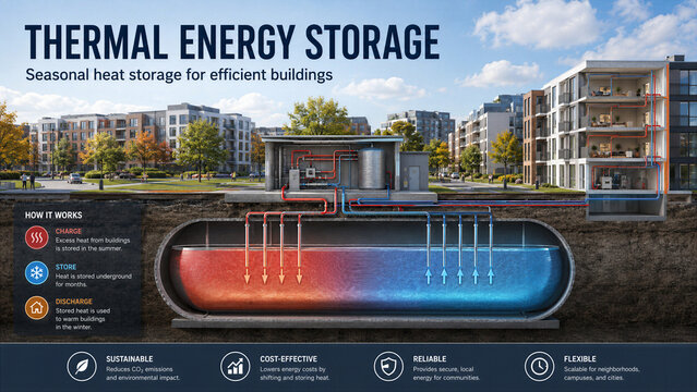 Thermal energy storage system provides seasonal heat storage for buildings in a modern urban area
