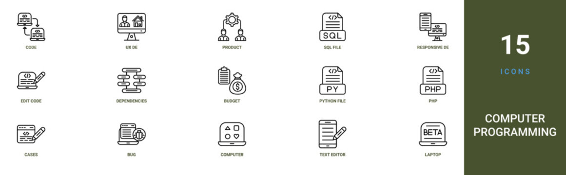 Set of 15 outline web Computer Programming icons such as laptop, text editor, from computer programming collection. Thin such as business, button. for use on web and mobile apps, logo, print media.,