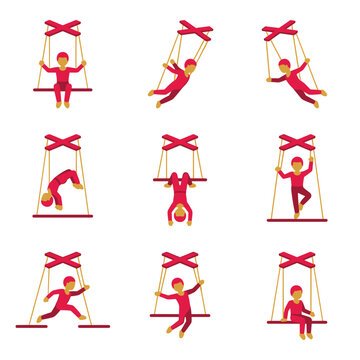 Set of stylized marionette puppets performing various acrobatic poses, red and gold color palette, isolated on a plain background, digital illustration