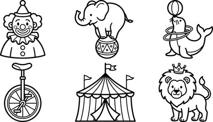 Cute circus coloring page set featuring clown elephant seal unicycle tent lion vector line art © Nurjahan