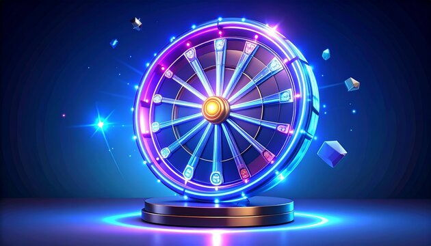 Futuristic lucky draw wheel. Digital prize spin game with glowing neon lights and 3D effects.