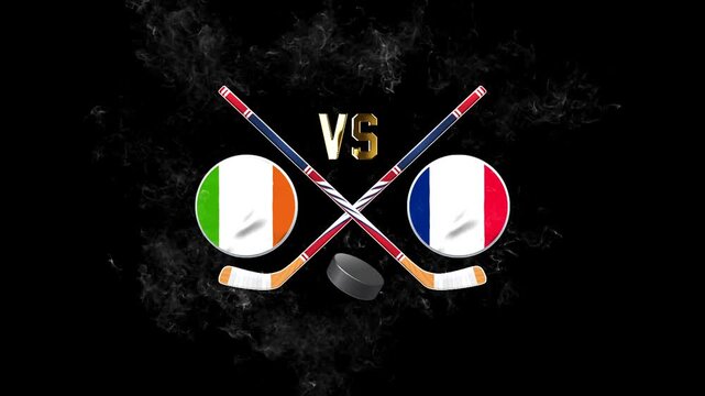 Ireland vs France hockey match concept with crossed hockey sticks, puck, and national flags on a dark background