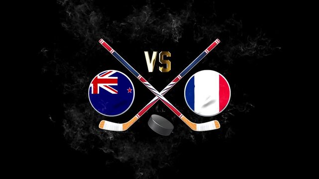 New Zealand vs France hockey match concept with crossed hockey sticks, puck, and national flags on a dark background