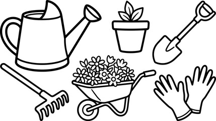 Gardening tools coloring page set featuring watering can plant pot shovel wheelbarrow rake gloves line art © Nurjahan
