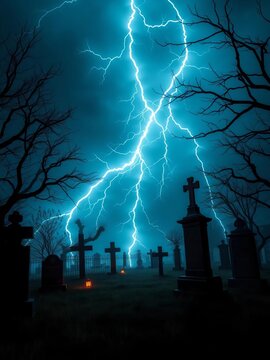 Spooky lightning illuminates a haunted graveyard at midnight, midnight, spooky