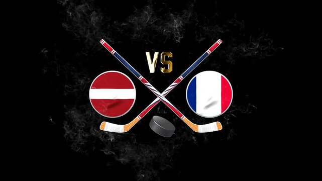 Latvia vs France hockey match concept with crossed hockey sticks, puck, and national flags on a dark background