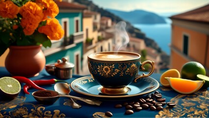 Fototapeta premium still life cup coffee table beautiful view coastal town cup blue gold accents has floral design placed blue tablecloth gold pattern coffee steaming steam rising cup table various fruits spices such