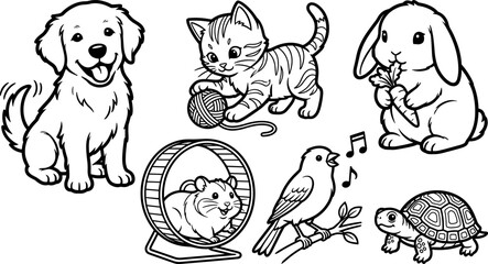 Cute domestic pets coloring page set featuring dog kitten rabbit hamster bird turtle line art