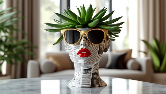 rendering mannequin head succulent plant top succulent green has multiple leaves arranged circular pattern plant wearing pair gold framed sunglasses black frame red lips background blurred appears