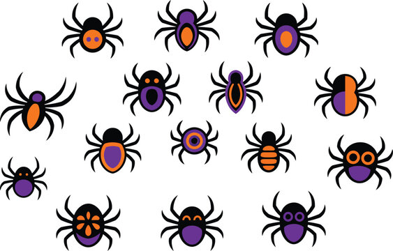 Halloween cartoon spiders with colorful glowing eyes. Cute vector arachnids for festive seasonal designs and decorations.