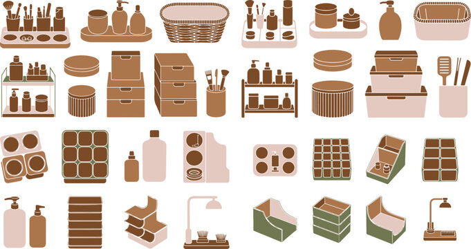 Collection of various bathroom and personal care storage containers including bottles jars drawers shelves and organizers for bathroom and home organization purposes in a neutral color palette