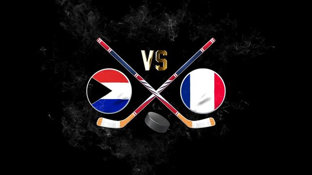 Netherlands Antilles vs France hockey match concept with crossed hockey sticks, puck, and national flags on a dark background