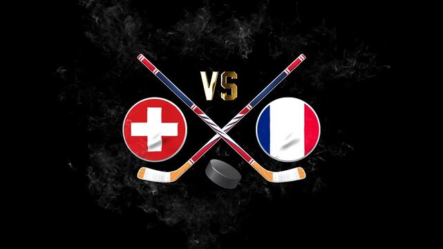 Switzerland vs France hockey match concept with crossed hockey sticks, puck, and national flags on a dark background