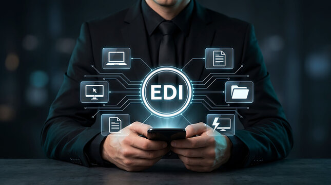 Businessman using electronic data interchange EDI technology for digital network document